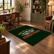 dark green take me to the mountains quote area rug, wood floor styling