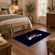 navy girl loves hiking typography area rug, cozy home setting