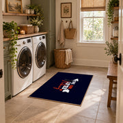 navy girl loves hiking typography area rug, wide interior view