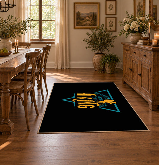 black gold life is better hiking quote area rug, featured room view