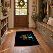 black gold life is better hiking quote area rug, front room mockup