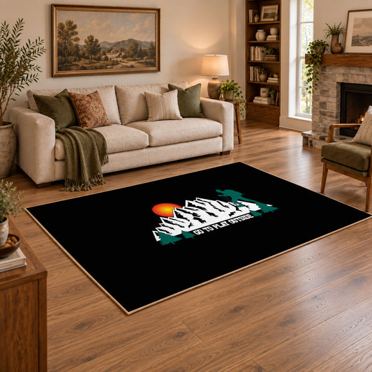 black sunset mountain adventure area rug, angled room view