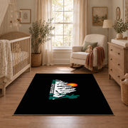 black sunset mountain adventure area rug, full pattern view
