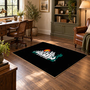 black sunset mountain adventure area rug, wood floor styling