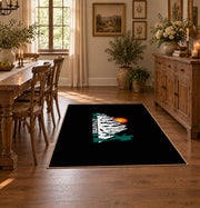 black sunset mountain adventure area rug, front room mockup
