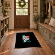 black sunset mountain adventure area rug, wide interior view