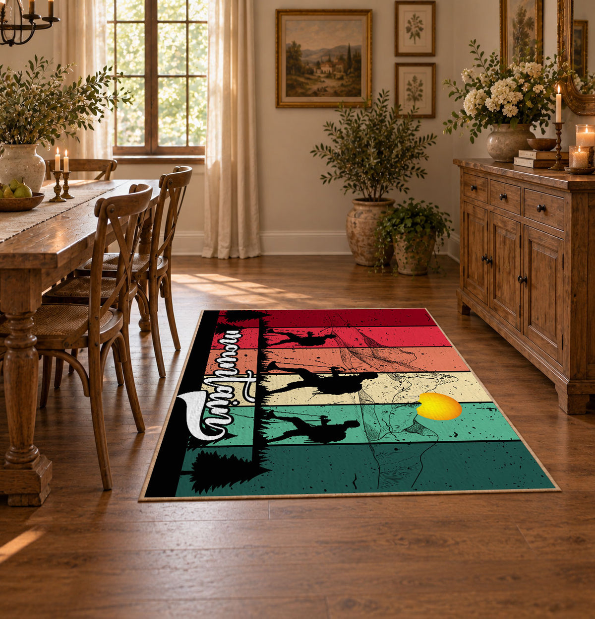 colorful retro mountain journey hiking area rug, featured room view