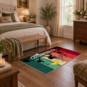 colorful retro mountain journey hiking area rug, cozy home setting