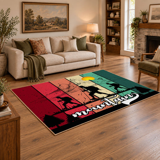 colorful retro mountain journey hiking area rug, angled room view