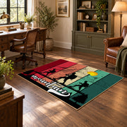 colorful retro mountain journey hiking area rug, wood floor styling