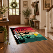 colorful retro mountain journey hiking area rug, close decorative detail