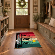 colorful retro mountain journey hiking area rug, front room mockup