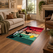 colorful retro mountain journey hiking area rug, design detail view