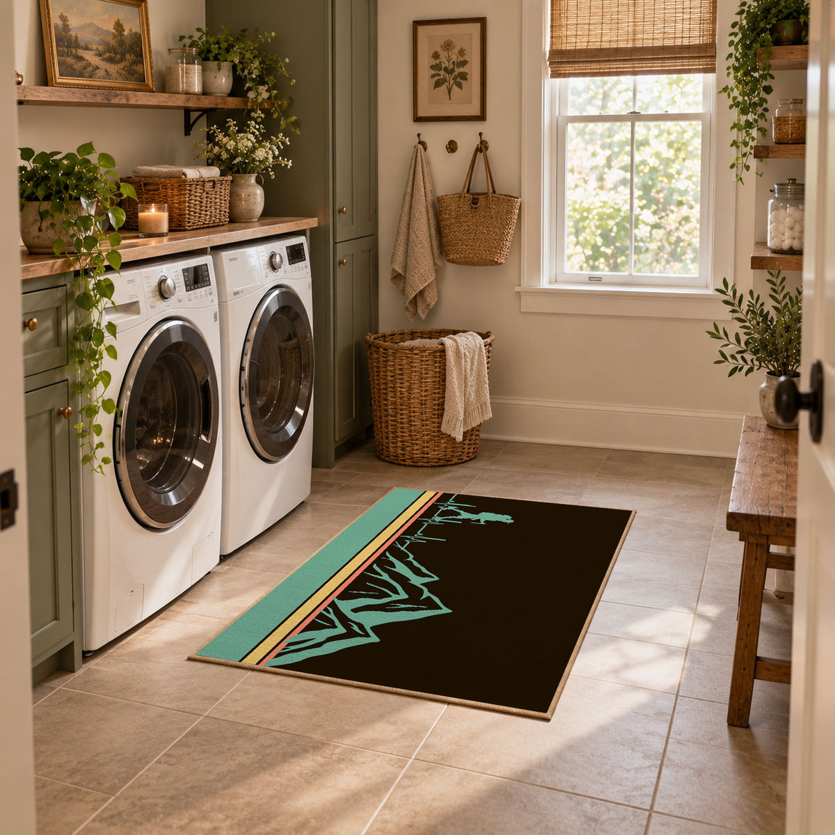 brown teal minimalist mountain trail hiking area rug, featured room view