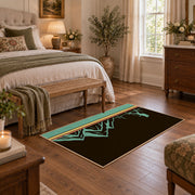 brown teal minimalist mountain trail hiking area rug, cozy home setting