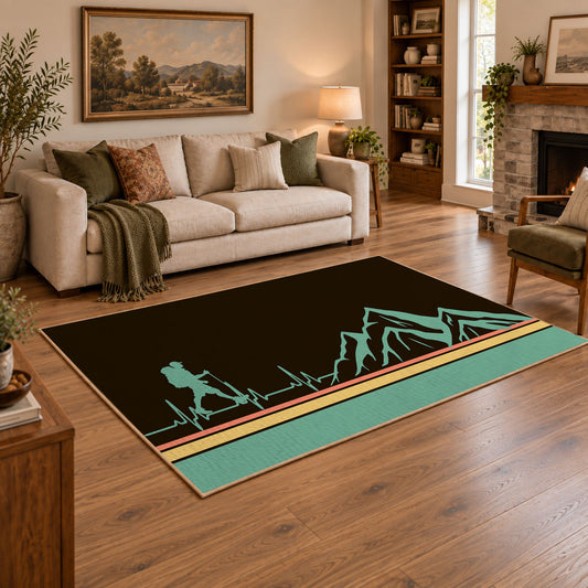 brown teal minimalist mountain trail hiking area rug, angled room view