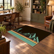 brown teal minimalist mountain trail hiking area rug, wood floor styling