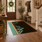 brown teal minimalist mountain trail hiking area rug, close decorative detail