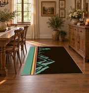 brown teal minimalist mountain trail hiking area rug, front room mockup