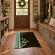 brown teal minimalist mountain trail hiking area rug, wide interior view