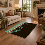 brown teal minimalist mountain trail hiking area rug, design detail view
