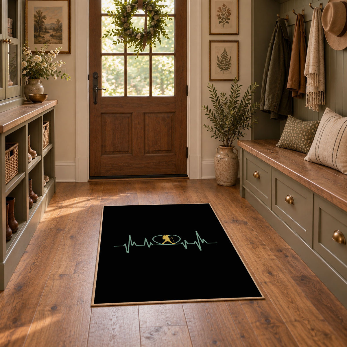 black green hiker heartbeat minimalist area rug, featured room view