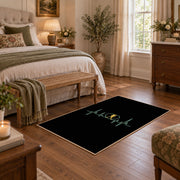 black green hiker heartbeat minimalist area rug, cozy home setting