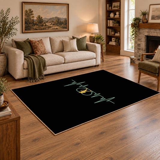 black green hiker heartbeat minimalist area rug, angled room view