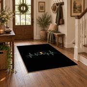 black green hiker heartbeat minimalist area rug, close decorative detail