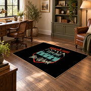black teal mountain wonder quote area rug, featured room view