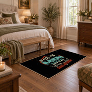 black teal mountain wonder quote area rug, cozy home setting