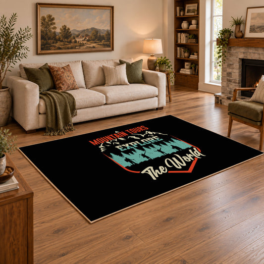 black teal mountain wonder quote area rug, angled room view