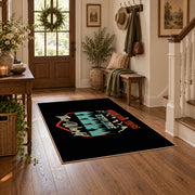 black teal mountain wonder quote area rug, wood floor styling