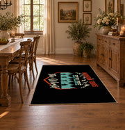 black teal mountain wonder quote area rug, close decorative detail