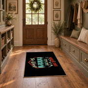 black teal mountain wonder quote area rug, front room mockup