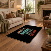 black teal mountain wonder quote area rug, design detail view