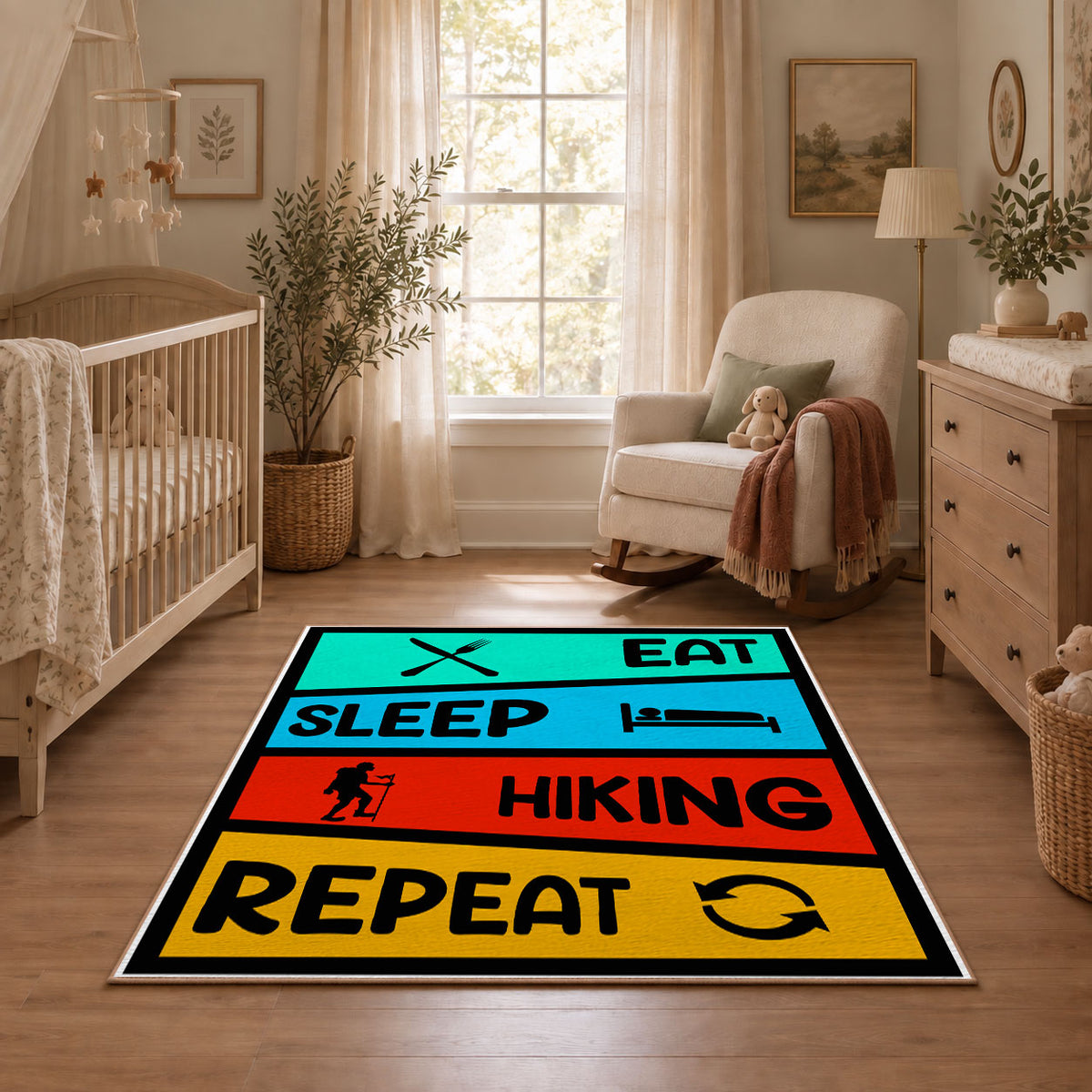 colorful eat sleep hiking repeat typography area rug, featured room view