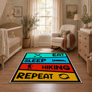 colorful eat sleep hiking repeat typography area rug, featured room view