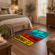 colorful eat sleep hiking repeat typography area rug, cozy home setting