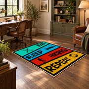 colorful eat sleep hiking repeat typography area rug, soft surface detail
