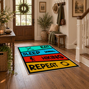 colorful eat sleep hiking repeat typography area rug, wood floor styling