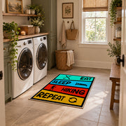 colorful eat sleep hiking repeat typography area rug, wide interior view