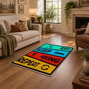colorful eat sleep hiking repeat typography area rug, design detail view