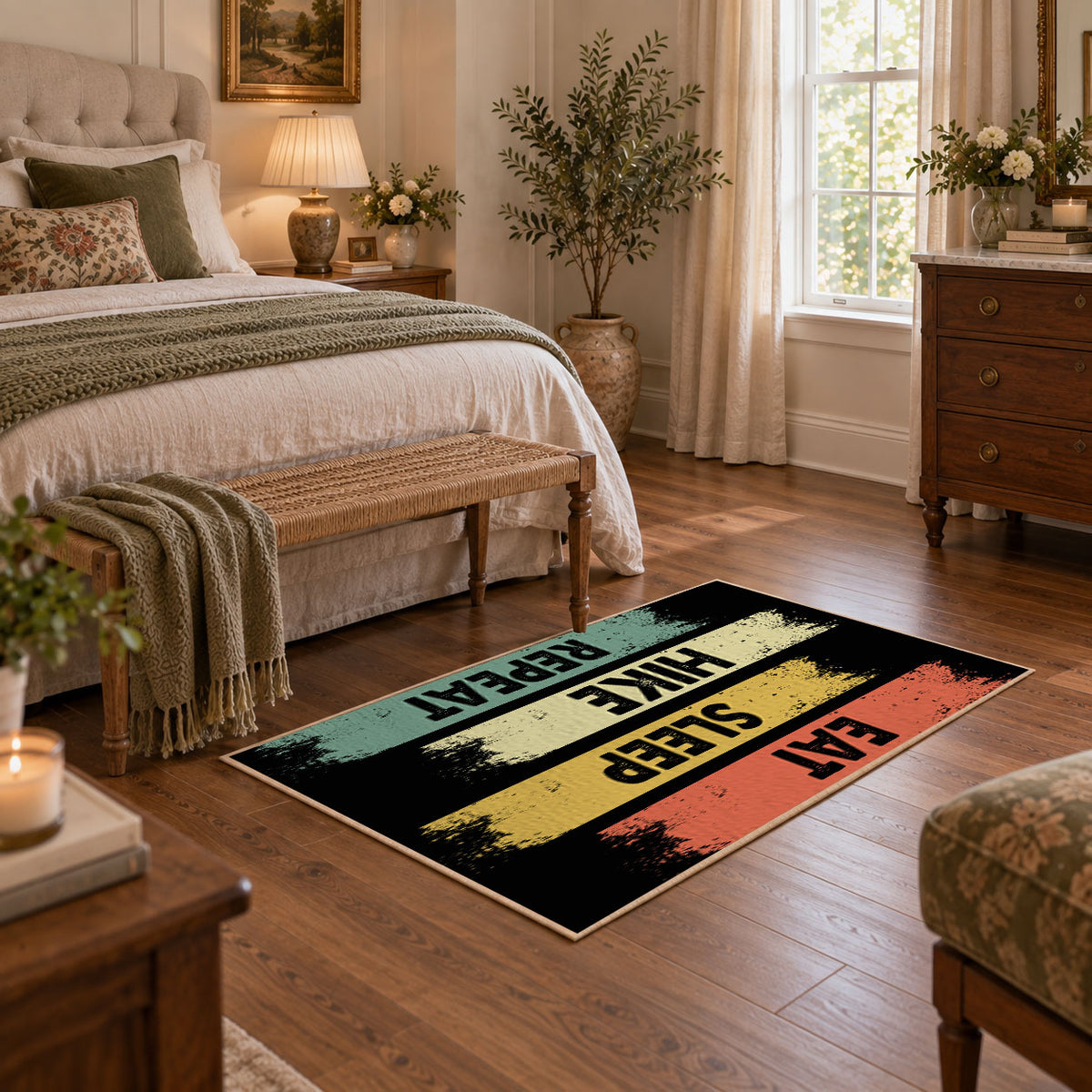 vintage stripe eat sleep hike repeat area rug, featured room view