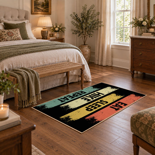 vintage stripe eat sleep hike repeat area rug, featured room view