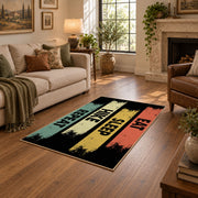 vintage stripe eat sleep hike repeat area rug, cozy home setting