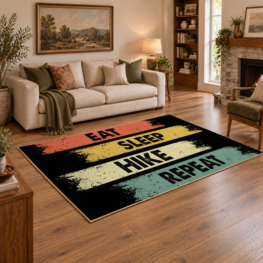 vintage stripe eat sleep hike repeat area rug, angled room view