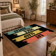 vintage stripe eat sleep hike repeat area rug, soft surface detail