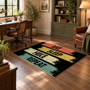 vintage stripe eat sleep hike repeat area rug, wood floor styling
