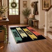 vintage stripe eat sleep hike repeat area rug, close decorative detail